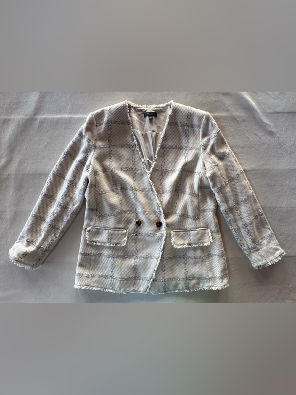 Ann Taylor Cream Gray Windowpane Tweed Fringed Blazer (14) Like New! - Picture 7 of 17